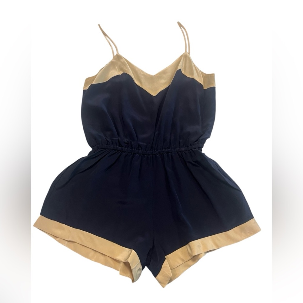 EUC Helena Quinn 100% Silk Romper Navy/Nude Size XS